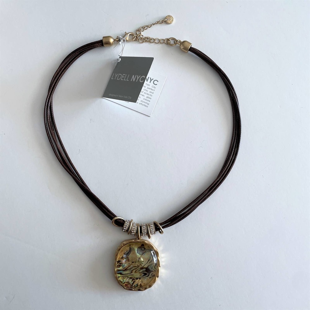 Lydell NYC Women's Brown Leather Necklace - Gold & Abalone Pendant - Picture 2 of 9